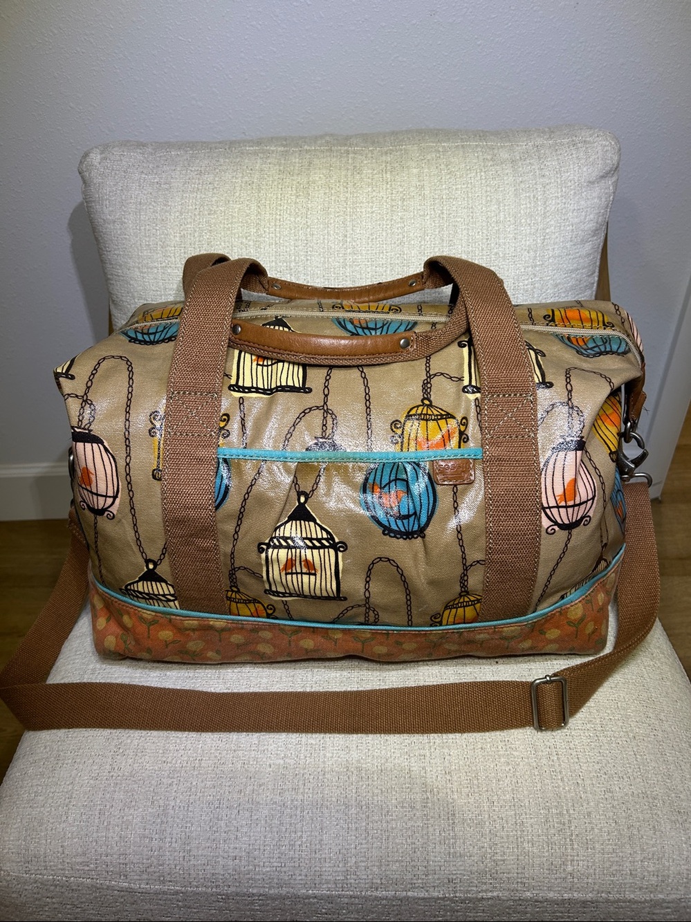 Vintage Retired Fossil Key-Per Birdcage Coated Canvas Weekender Duffel Bag